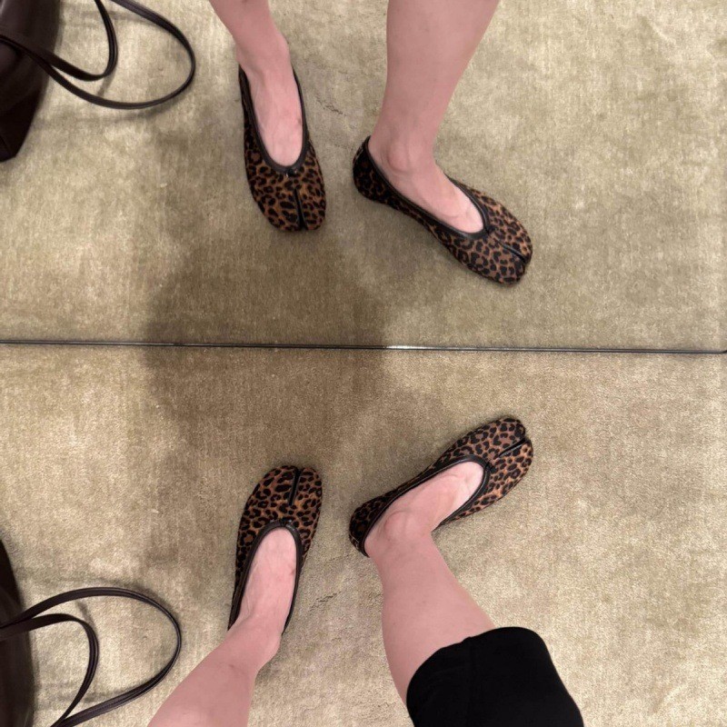 Sheepskin~Split-Toed Leopard Print Pig Chops Shoes Womens Leather Korean Niche Slip-On Ballet Shoes