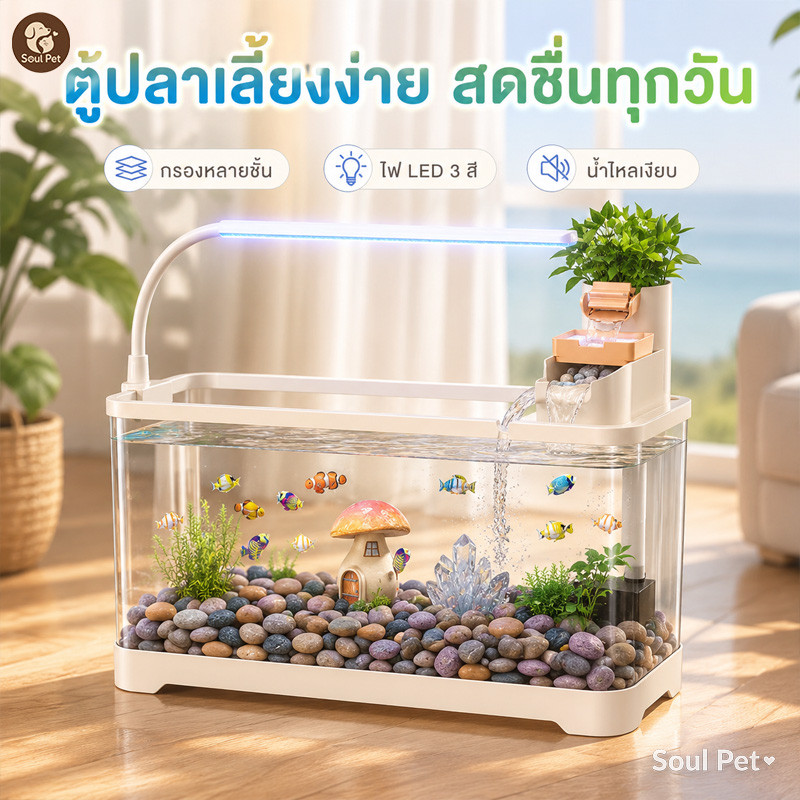 อ่างเลี้ยงปลาแบบตั้งโต๊ะ ไฟตู้ปลา LED พร้อมกรองตู้ปลา ระบบกรองน้ำหมุนเวียน น้ำตกแต่งบ้าน ไร้เสียง