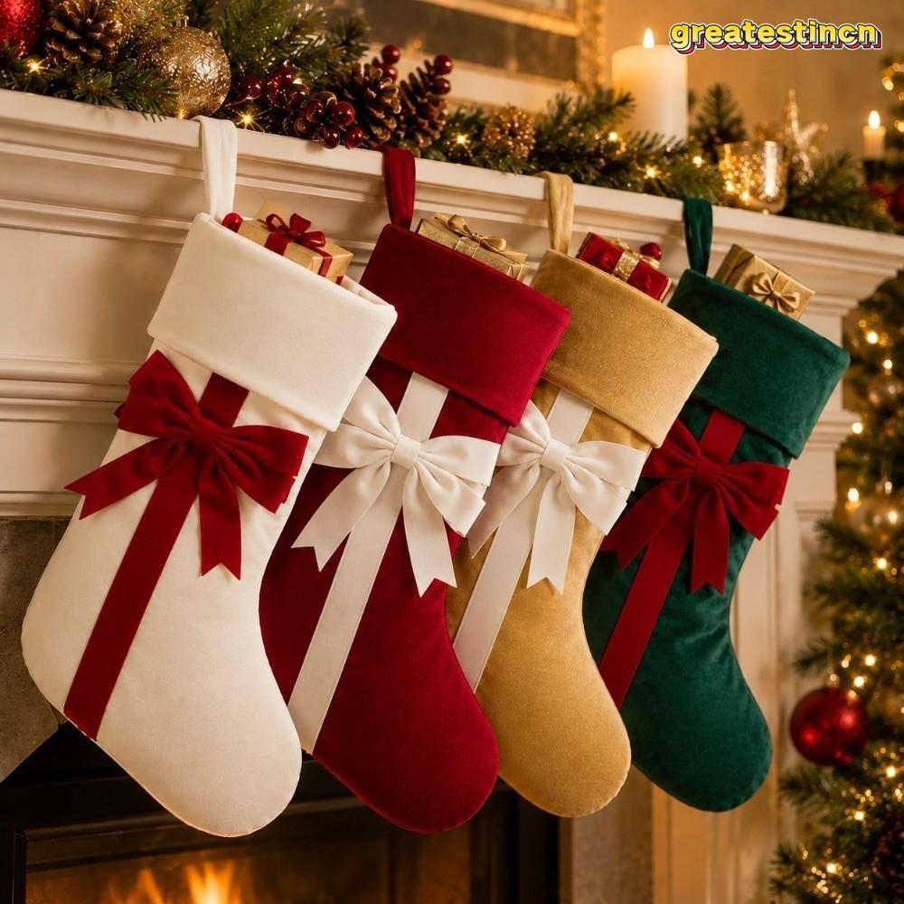 GREAT Velvet Bow Tie Christmas Stocking, พับข้อมือ Holiday Party Christmas Stocking กระเป๋าคริสต์มาส