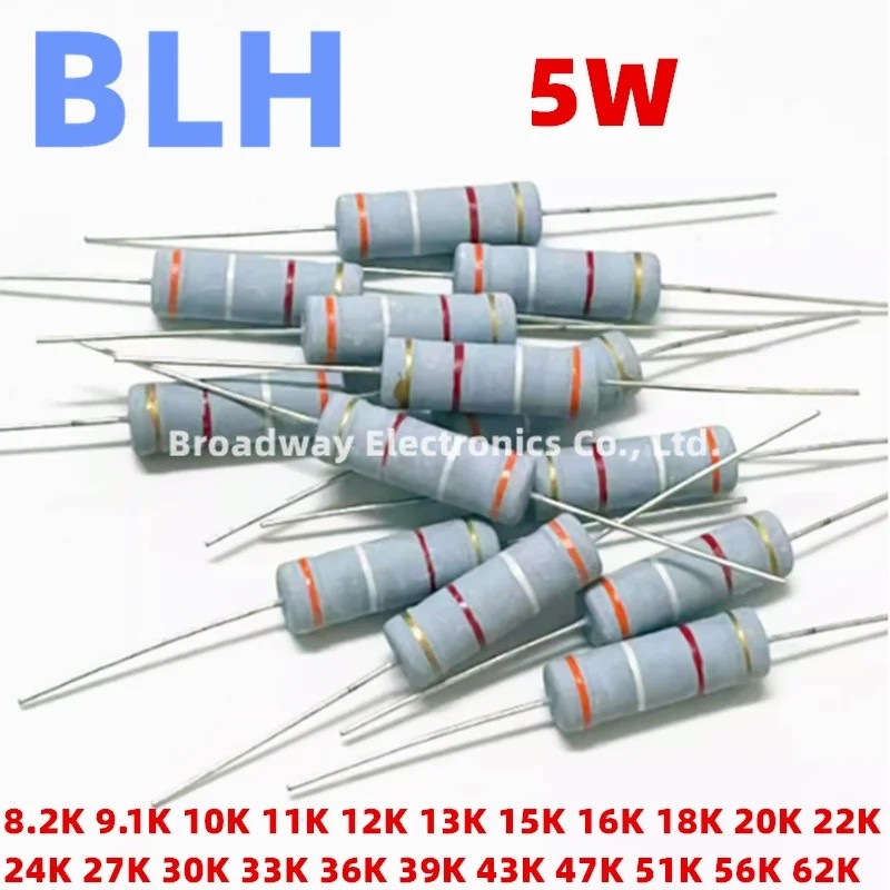 10PCS 5W Carbon Film Resistor 5% 8.2K 9.1K 10K 11K 12K 13K 15K 16K 18K 20K 22K 24K 27K 30K 33K 36K 3