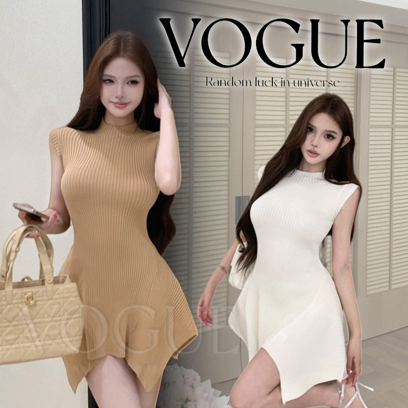 Vogue🌟พร้อมส่ง🌟 ชุดเดรสไหมพรมแขนกุดคอเต่า ทรงเข้ารูปดีไซน์เรียบหรู สไตล์ลูกคุณใส่ได้ทุกโอกาศ (R051)
