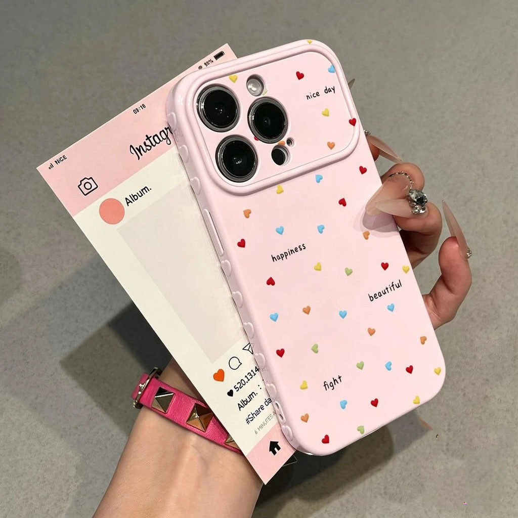 เคสสำหรับ iPhone 17 16 15 14 13 12 11 Pro Max XR XS ลายหัวใจนูน 3D น่ารัก กันตก กันรอย สีพาสเทล ถุง