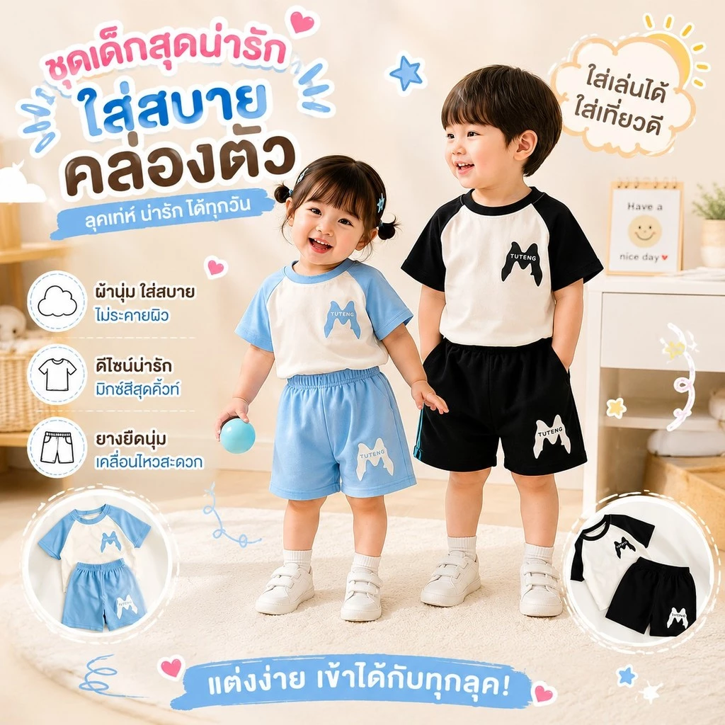 สินค้ามาใหม่ชุดเซ็ตเสื้อแขนสั้น กางเกงขาสั้น เนื้อผ้าใส่สบาย พิมพ์ลายตัวM สําหรับเด็กเล็กNEW💯