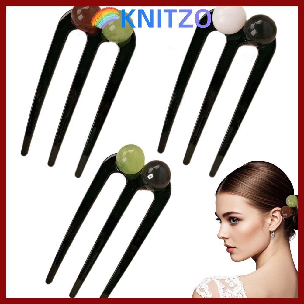 CODKNITZO U-Shaped Hair Pin, Vintage Plastic Hair Accessory, Sturdy Three Tooth Beaded Hair Fork Hai