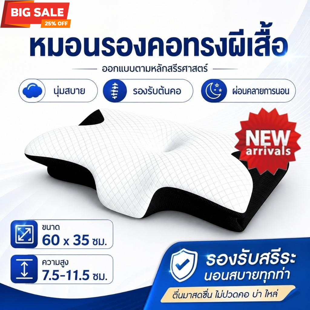 ซื้อ1แถม1 หมอนหนุน หมอนสุขภาพ ทรงผีเสื้อ ออกแบบมีส่วนโค้งเว้ารับต้นคอ กันตกหมอน ลดปวดคอเวลาตื่น รุ่น HyperCool Ergonomic