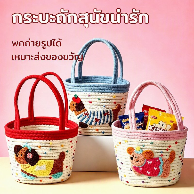 กระบะถักฝ้ายหูถือ ลายสุนัขการ์ตูน ความจุใหญ่ ถังเก็บของตั้งโต๊ะ เก็บของเล่น ขนม เครื่องสำอาง สีมาคารอง