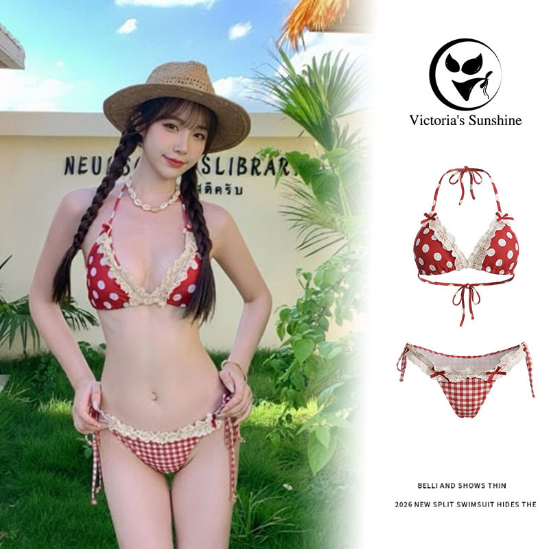 ชุดว่ายน้ำbikini 2ชิ้น บิกินี่ RED ลายจุดโบว์แดงแต่งระบายลูกไม้ สไตล์เกาหลี Y2K น่ารักเซ็กซี่ขยี้ใจ#1203