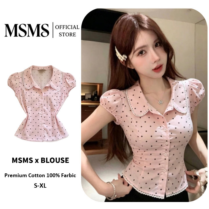 Polka Dot Ruffle Blouse เสื้อเชิ้ตลายจุดสีชมพูผู้หญิง คอปกกลมขอบลูกไม้ แขนพองเอวรัดทรงสัดส่วนดี สไตล์หวานคาวาอิ Size S-XL