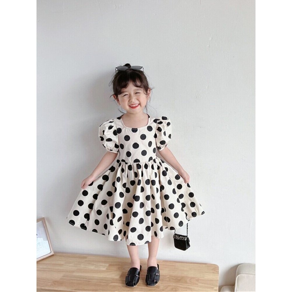 พร้อมส่ง เดรสเด็กผู้หญิงลายจุดแขนพอง ผูกเชือกด้านหลังเว้าหลัง ไซส์90‑140