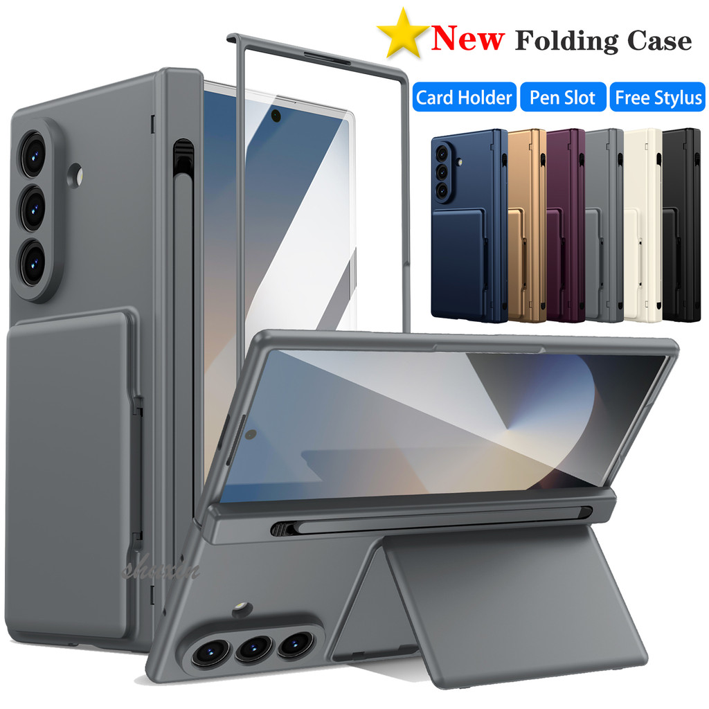 SAMSUNG ปลอกพีซีแบบแข็งพร้อมที่ใส่การ์ดสําหรับ ซัมซุง กาแลคซี Z พับ 8 พิเศษ พับ8 7 6 5 4 3บานพับป้องกันพับกรณีปกด้วยกระจกด้านหน้าฟิล์มบูรณาการปากกา,ฟรีแส