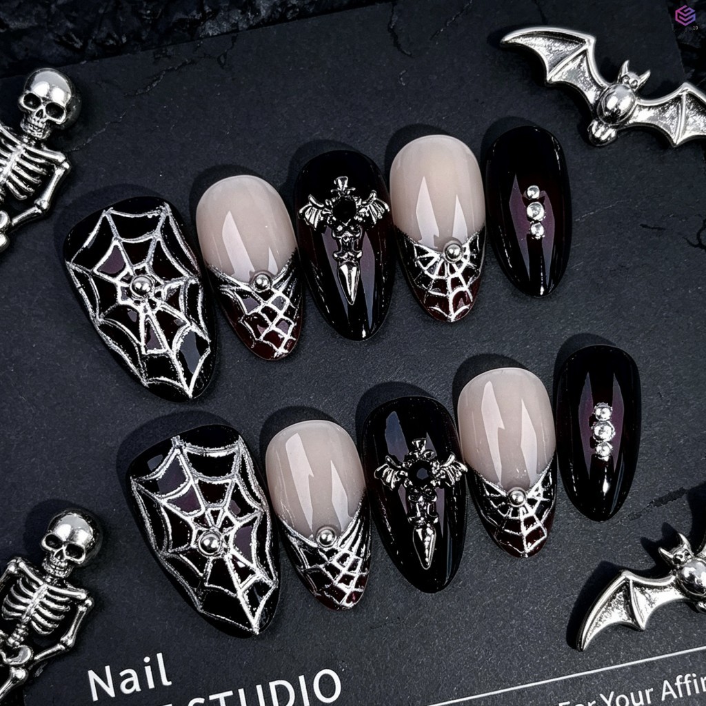 Dark Wine Red Short Almond Halloween Spider Web Nails - เล็บโลหะโกธิคสําหรับผู้หญิง