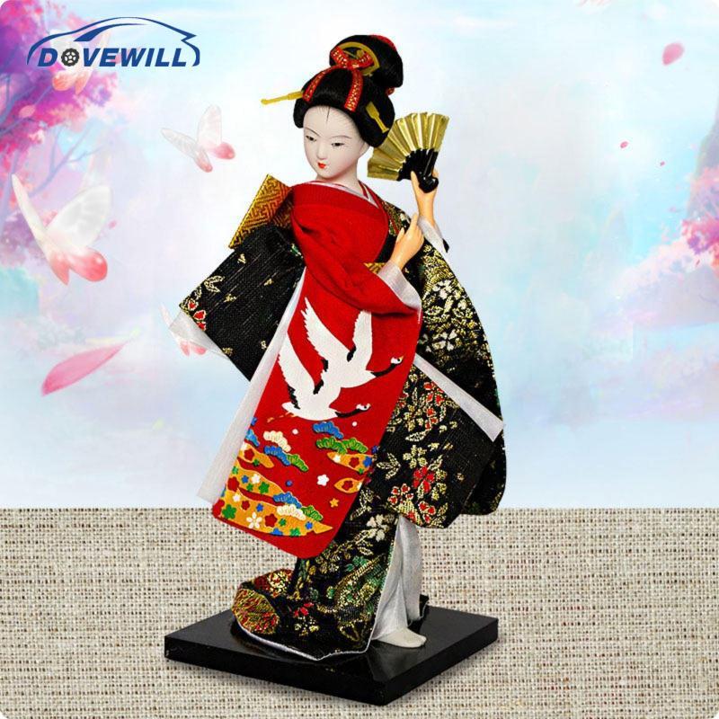 [Dovewill] กิโมโน Geisha ตุ๊กตาพัดลมพับญี่ปุ่น Geisha ตุ๊กตากิโมโนฐานสีดําโต๊ะเครื่องประดับของขวัญ