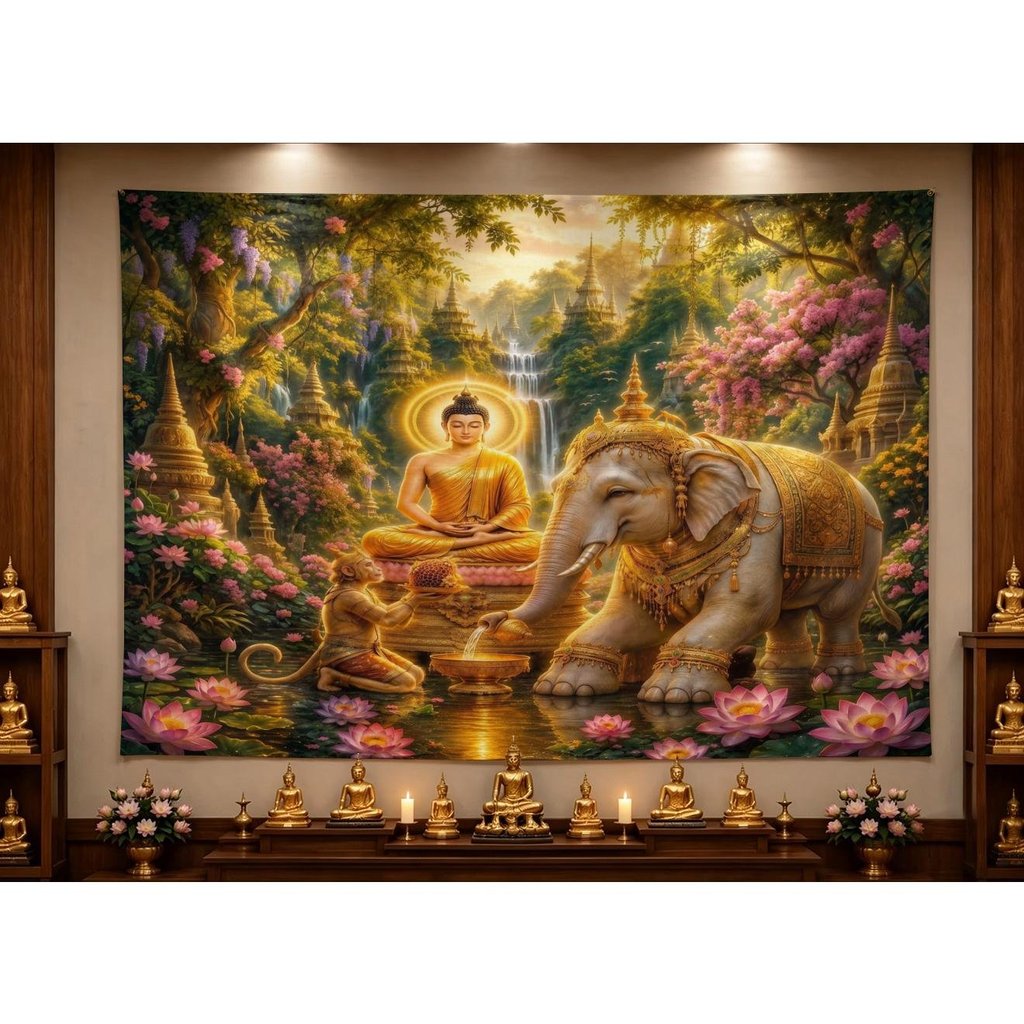 [จัดส่งรวดเร็ว] ภาพจิตรกรรมฝาผนังนี้แสดงถึงพระพุทธเจ้าผู้พิทักษ์ประจำวันทั้งเจ็ดวัน โดยมีสีหน้าของพระพุทธเจ้าปรากฏอยู่ด้