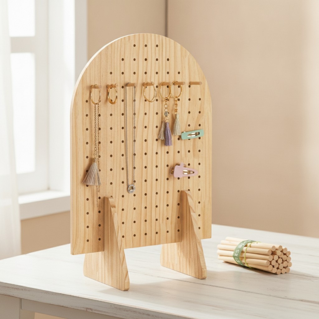 Pegboard ขาตั้งจอแสดงผลไม้ธรรมชาติไม้ Pegboard ขาตั้งโต๊ะอิสระสําหรับ Crafters, Craft Fairs, Boutiqu