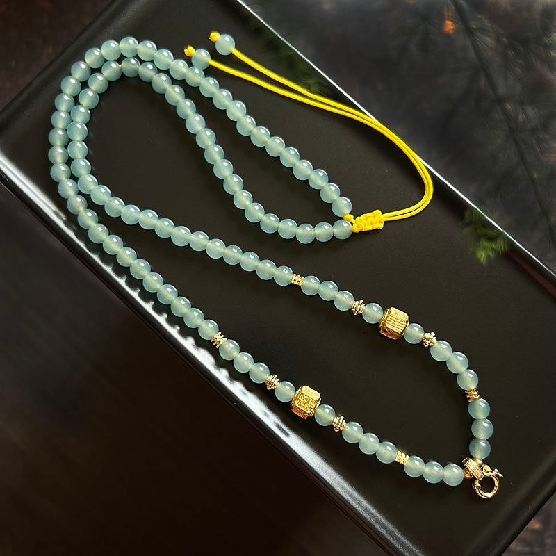 ใหม่จีน Retro สร้อยคอสีฟ้าหยกน้ําประเทศไทย Amulet CHAIN Thangka แขวนคริสตัลหยกเสื้อกันหนาว TEH8