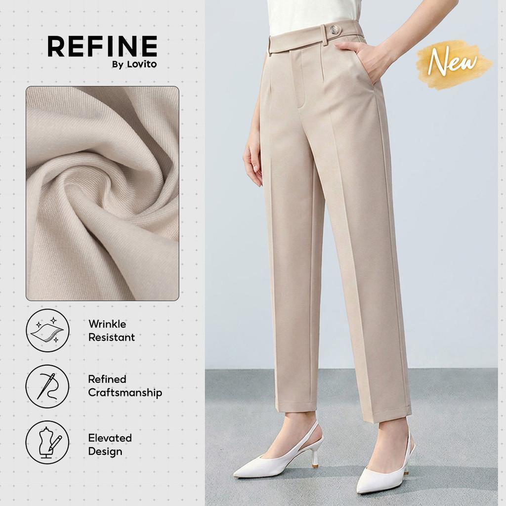 (New Arrival) (Refine by Lovito) กางเกงผู้หญิง เอวกลาง ทรงแครอตขาเรียว โครงสร้างเส้นไม่สมมาตร สำหรับ
