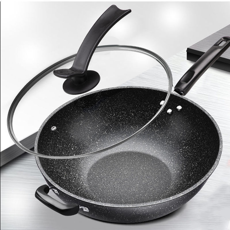 麦饭石炒菜锅无油不粘锅炉灶通用加厚平底锅平底炒锅8/15 Maifan stone frying pan, oil-free, non-stick, suitable for all stoves, 
