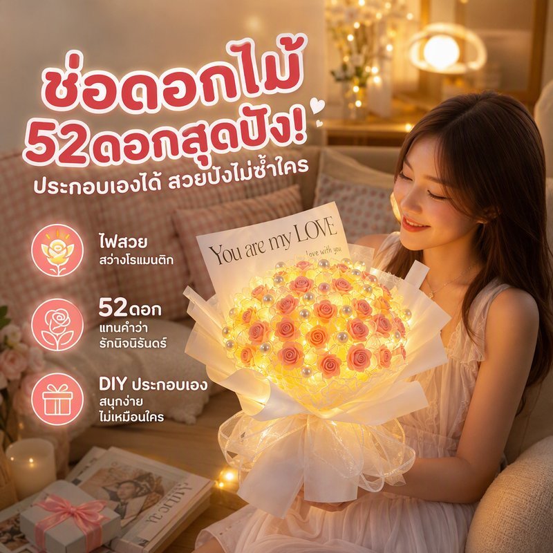ชุดทำช่อกุหลาบ DIY 52 ดอก Flocking ดอกไม้ประดิษฐ์ พร้อมไฟ ของขวัญคู่รัก วาเลนไทน์