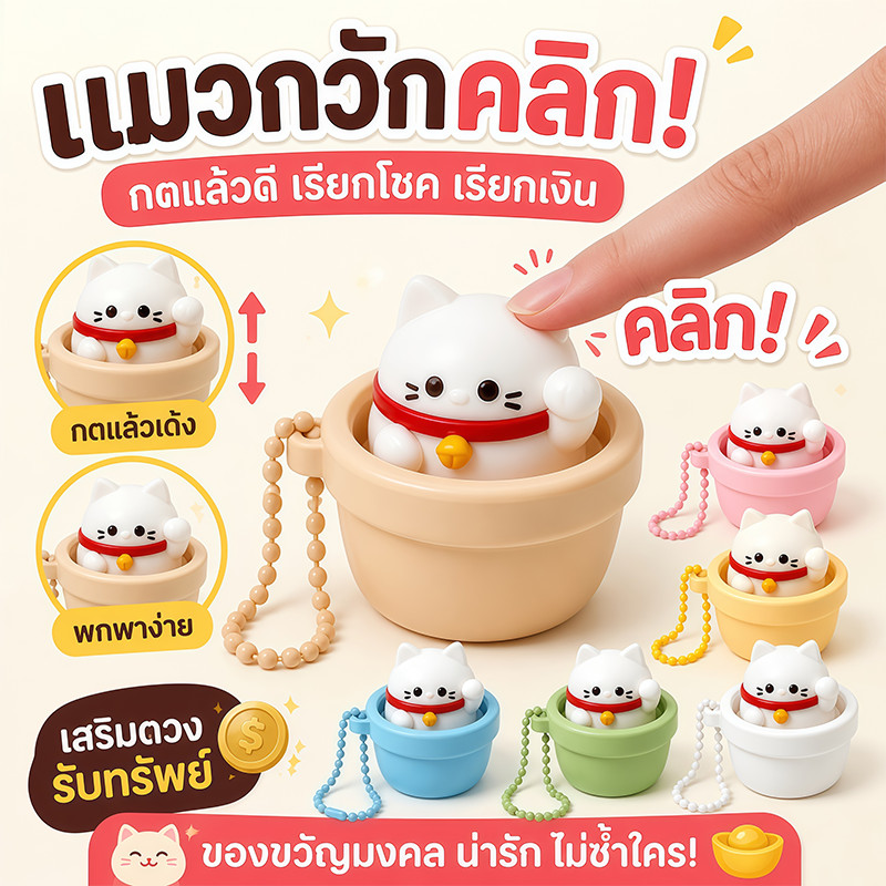COD พวงกุญแจ Clicker ASMR แมวนำโชค ของเล่นกดคลิกคลายเครียด 3D Print ของเล่นฟิดเจ็ต จี้ห้อยกระเป๋า พกพาง่าย