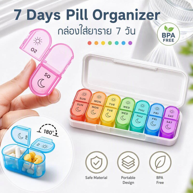 รุ่นอัปเกรด กล่องยา 7 วัน 2 ช่วง/วัน 7 ช่อง ปิดผนึกดี ป้องกันฝุ่นและความชื้น ใช้งานง่าย พกพาสะดวก