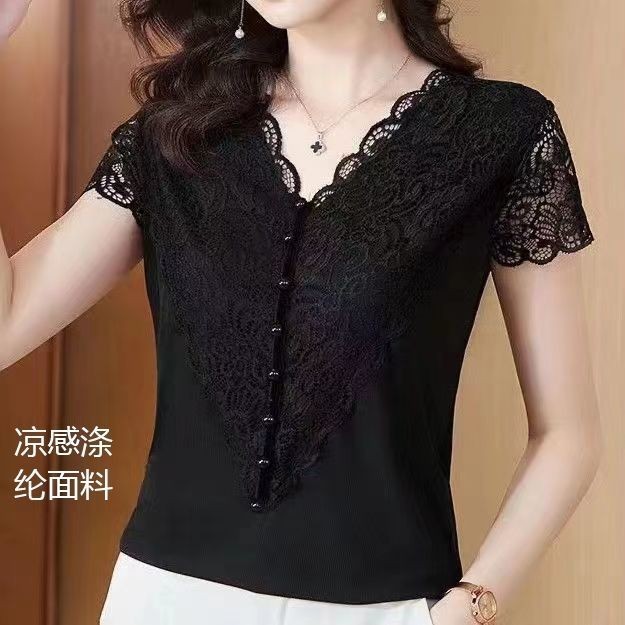 【ks1176.th】 夏季蕾丝V领短袖气质显瘦遮肉短袖打底短款女士t恤短袖 Summer Lace V-neck Short Sleeves Show off Skinny and Conceal 
