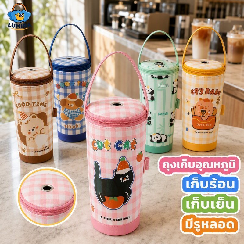 กระเป๋าใส่แก้วน้ำ เก็บอุณหภูมิ ร้อนเย็น ถุงใส่ชานม กาแฟ แก้วเยติ มีรูหลอด หูหิ้ว ลายน่ารัก