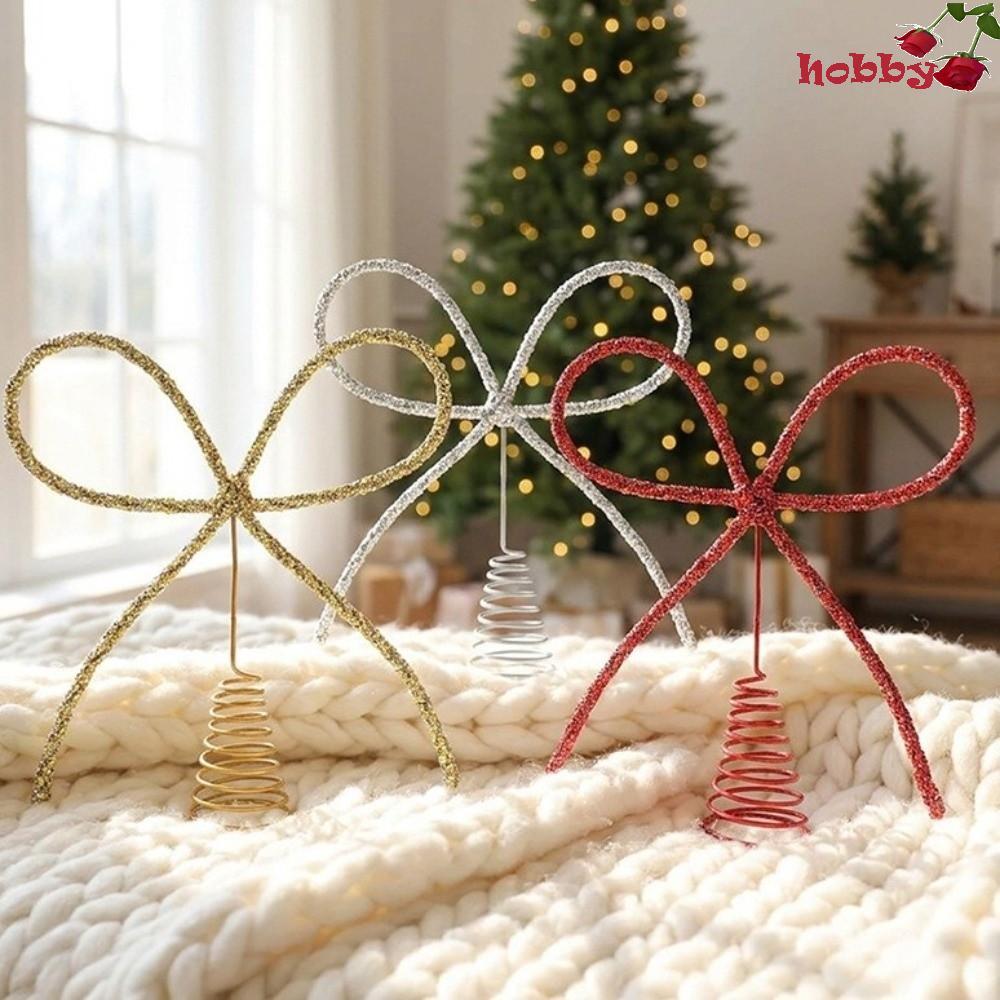 HOBBY Bow Tree Topper, Luxury Metal Christmas Tree Topper, Sparkling Bow Shaped Glitter Tree Top ตกแ