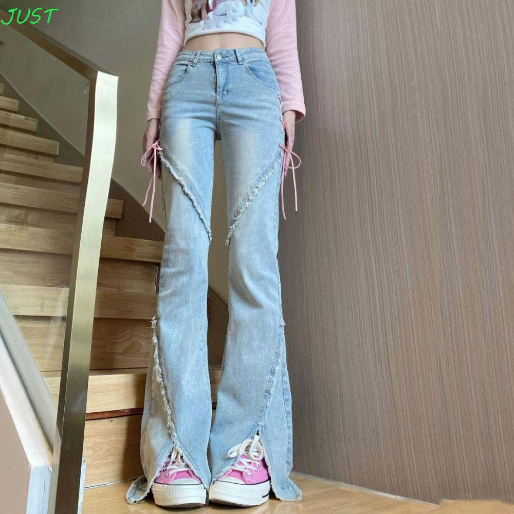 JUST Y2k Bow Denim กางเกงยีนส์,ขากว้างไม่สม่ําเสมอผู้หญิง Bell-กางเกงกางเกง,Simple Streetwear Patchw