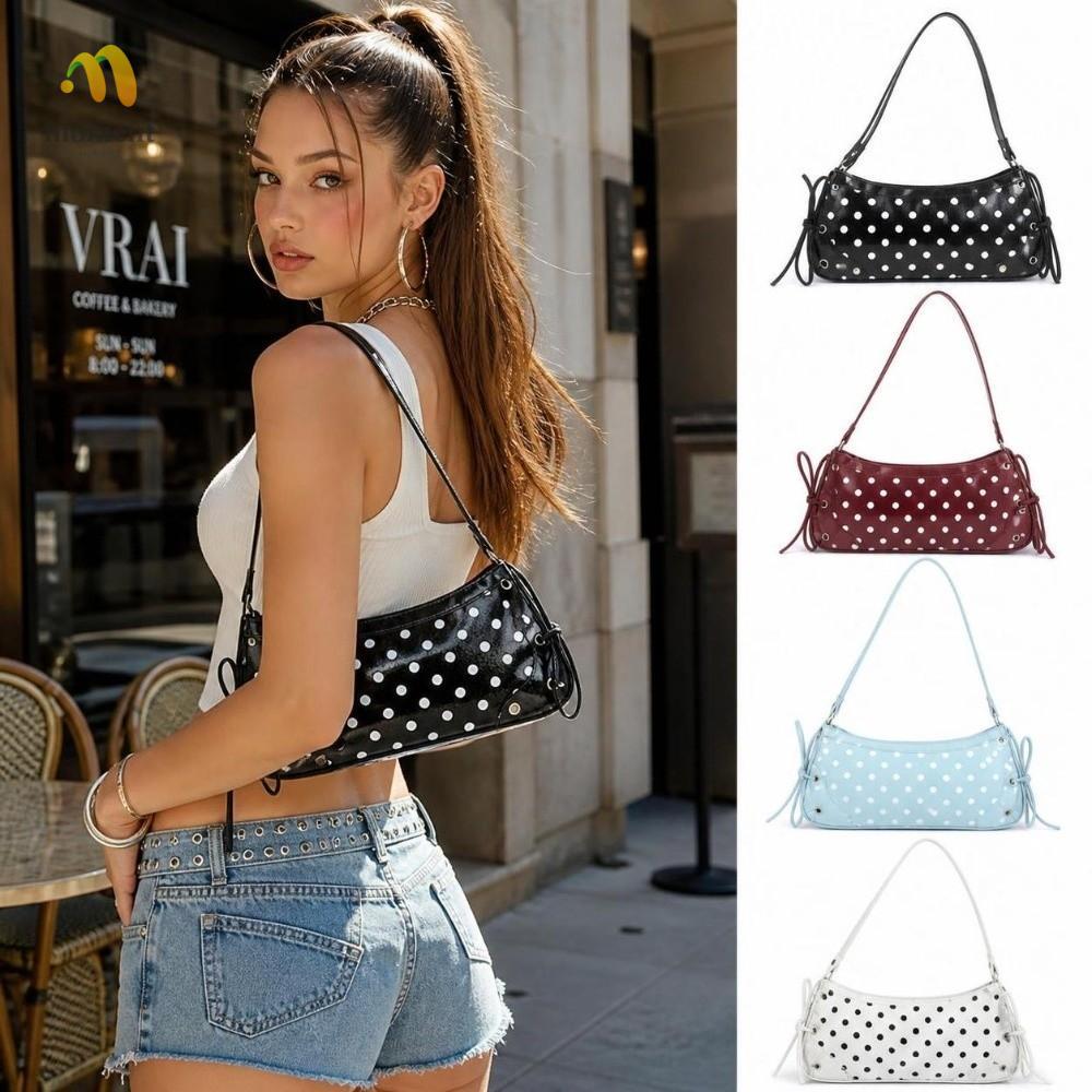 MOMENT Underarm Bag, PU Leather Polka Dot Pattern Shoulder Bag, Fashion Y2K Bow Decor กระเป๋าถือผู้ห