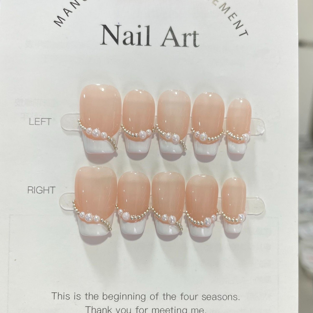 HANDMADEเล็บปลอมกดบนเล็บชุดเล็บปลอมแบบใช้ซ้ําได้ French Tip Nail Shining เล็บปลอม Nude เล็บปลอมสําหร