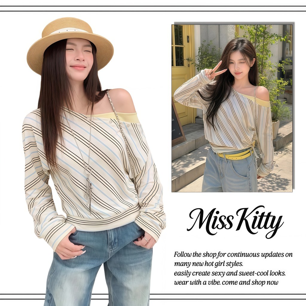 Miss Kitty เสื้อเปิดไหล่ลายทาง ครอปท็อปแขนยาว สไตล์เกาหลี แฟชั่นผู้หญิงใส่สบาย A2540-0