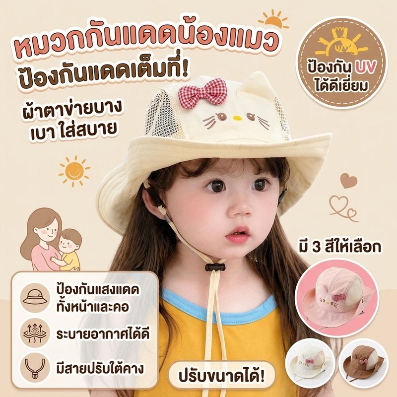 หมวกกันแดดเด็ก หมวกชาวประมง เด็ก ลายแมวน่ารัก ผ้าตาข่ายระบายอากาศ ปรับสายรัดคางได้ เที่ยวชายหาด