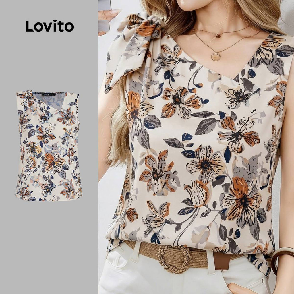 (New Arrival) Lovito เสื้อลําลองผู้หญิง ลายโบว์ ท็อปฤดูร้อน/ใบไม้ผลิ L195ED022