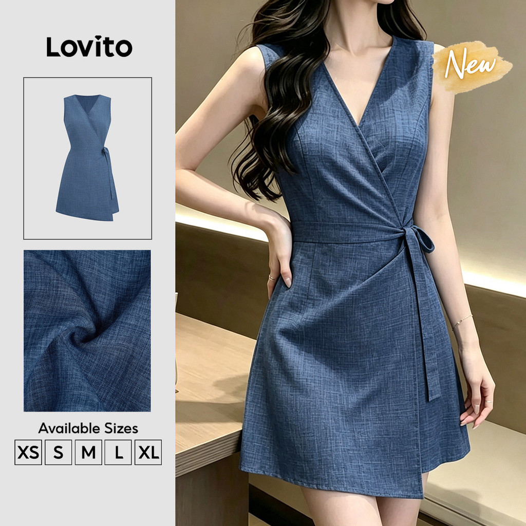 (New Arrival) Lovito เดรสลําลองผู้หญิง ผูกเชือก จีบ สไตล์ฤดูใบไม้ผลิ/ฤดูร้อน สีฟ้า เดรสเที่ยวเขา DRB203TD211