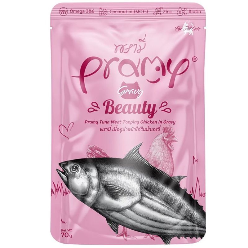 พรามี่อาหารเปียกสูตรหอยและไบโอตินสำหรับแมวทุกสายพันธุ์ 70กรัม Pramy Scallop Wetfood 70g [หมายเลขบาร์โค้ด 8859601044430 ]