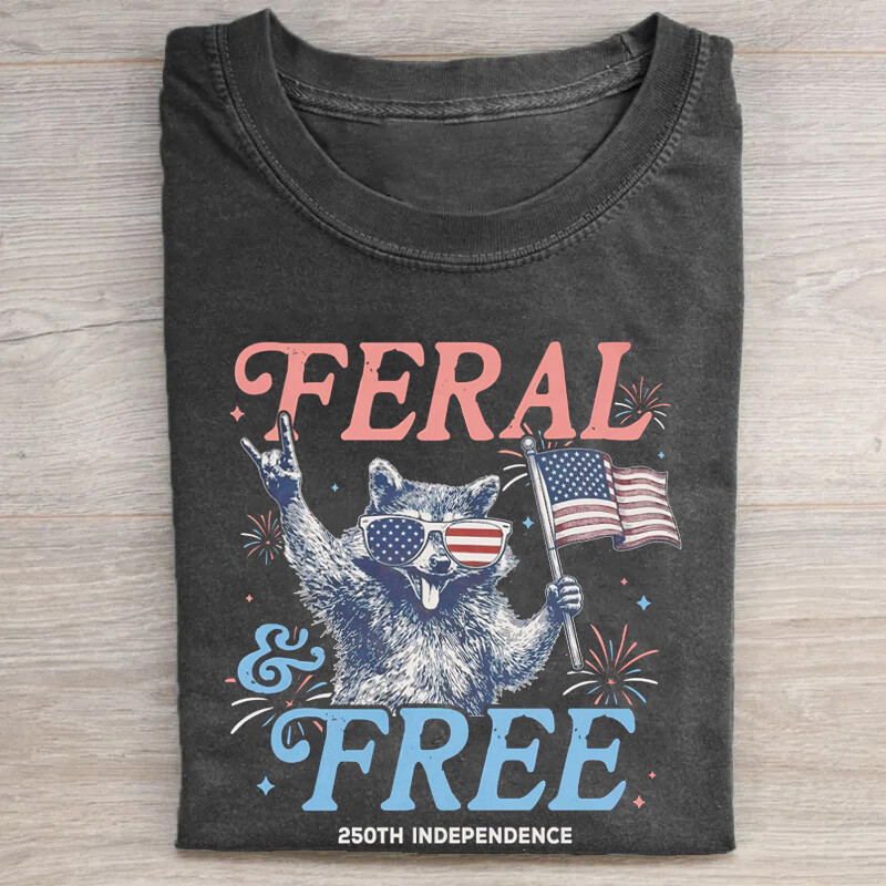 เสื้อยืด Feral & Free Funny Raccoon 4th of July