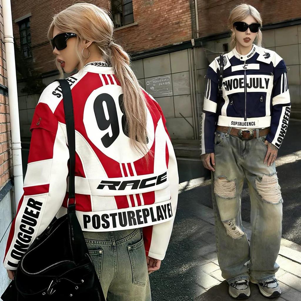 Heavyweight silhouette racing jacket, color-blocked, unisex, F1 racing style street retro leather ja