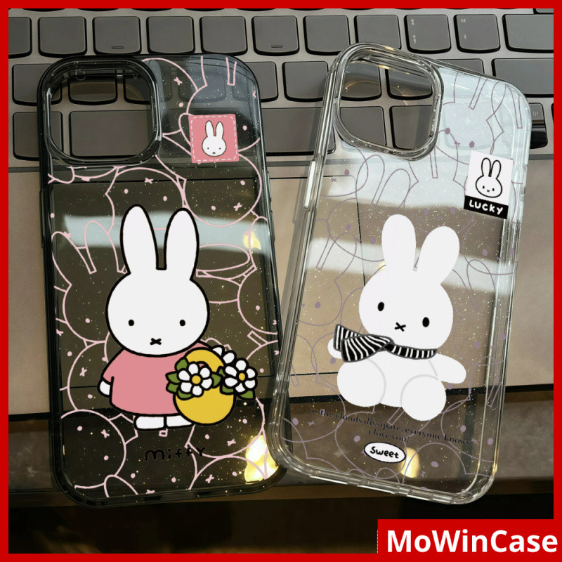 โมวิน - เคส ทีพียู แบบใสพร้อมผงกากเพชร ใช้ได้กับเคส iPhone 11 เคส iPhone 16 Pro Max กระต่ายน่ารัก สีชมพูและสีขาว