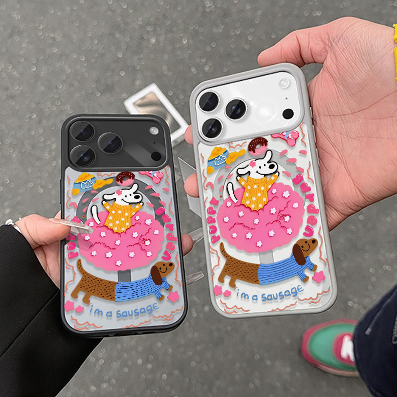 GOOD Sausage Dogเคสแม่เหล็ก Magsafe ใส ลายหมาแซสเสจ น่ารัก ต้นไม้ดอกชมพู กันกระแทกสำหรับiPhone16 15ProMax11 12 13 1417