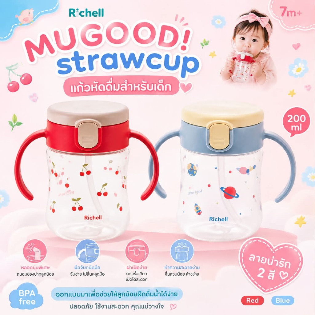 (ส่งด่วน ไม่มีวันหยุด) Richell MUGOOD STRAW CUP Step 2 แก้วหัดดื่มกันสำลัก คว่ำไม่หก ตกไม่แตก ขนาด 200ml