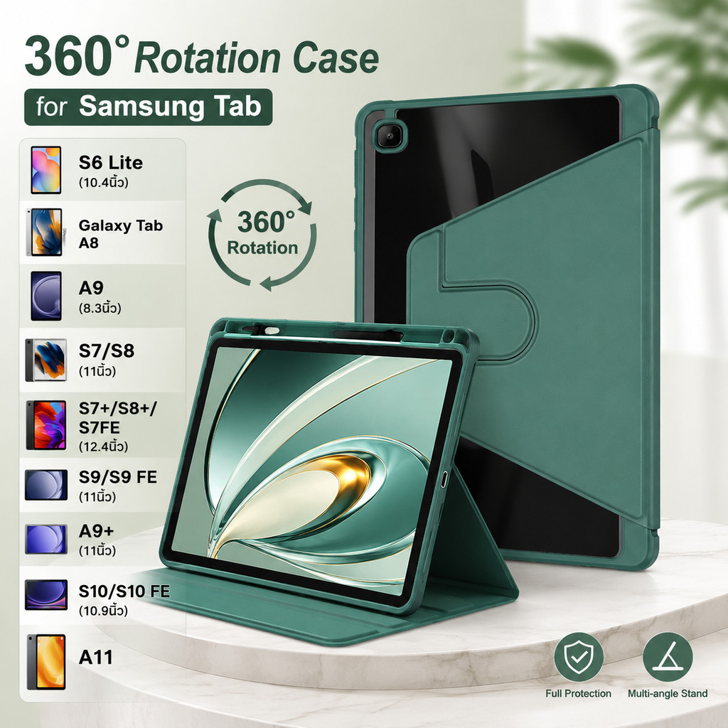 เคสแท็บเล็ต For Samsung Galaxy Tab S6Lite S7 S8+ S9 S10/S10FE A8 A9+ เคสอัจฉริยะ 360°องศา หลังโปร่งใส มีช่องใส่ปากกา