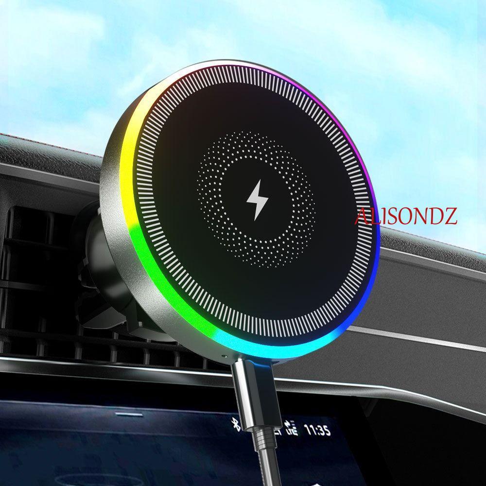 ALISONDZ รถโทรศัพท์ Mount Charger, 15W RGB Magnetic Car Magnetic Wireless Charger, โทรศัพท์สนับสนุน 
