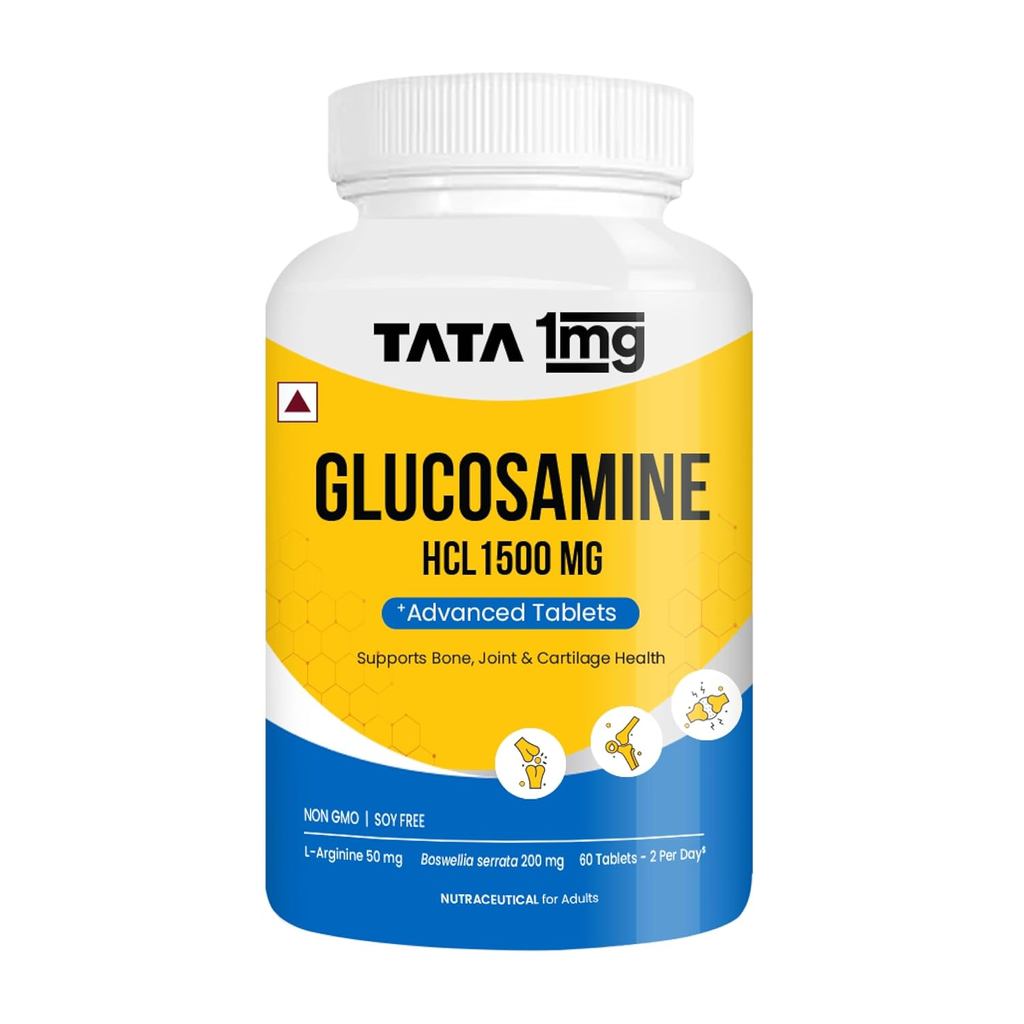 1MG TATA Glucosamine HCL 1500Mg เม็ดพร้อมคอลลาเจน, Boswellia, Rosehip & Argiine - 60 เม็ด | สําหรับพ