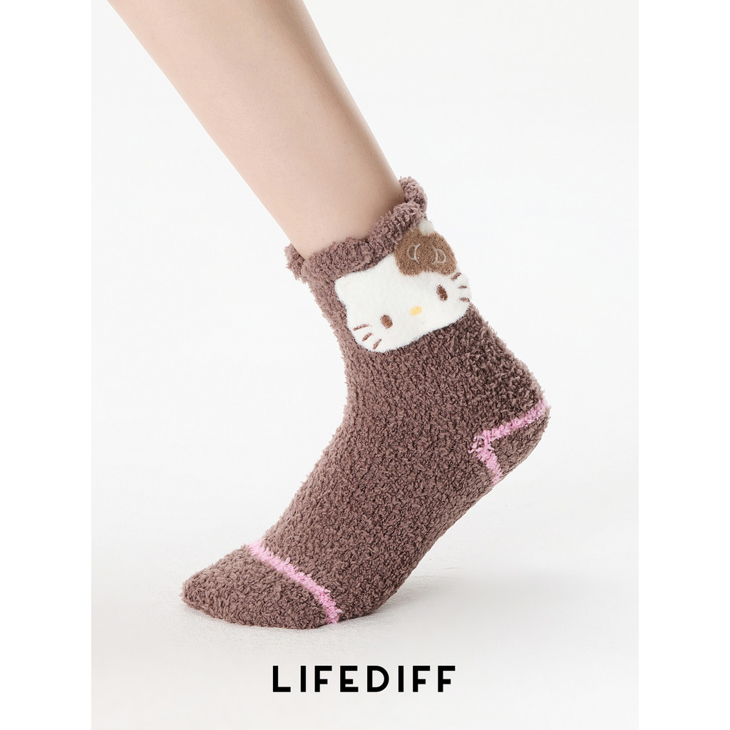 ของแท้ที่ได้รับอนุญาต HelloKitty Warm Mid-Tube Home Floor Socks Sleeping Socks Girl Series Coral Fle