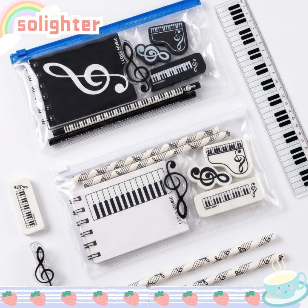 SOLIGHTER 7/8 ชิ้นชุดเครื่องเขียน, ธีมดนตรีเปียโน Treble Clef พิมพ์ยางลบดินสอ, Kawaii ไม้บรรทัดนักเร
