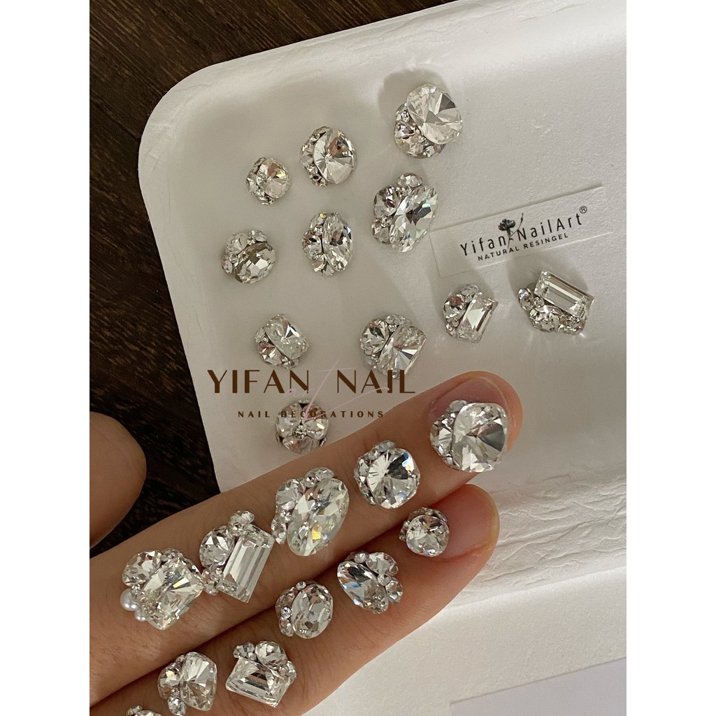 YIFNAIL [Silver White Diamond Ball] Bottomless Support Rock Sugar Fat Square Oval White เล็บสําเร็จร