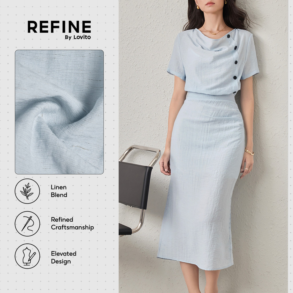(Refine by Lovito) เดรสทำงาน ผ้าผสมฝ้ายลินิน ผ้าคลุมสวย สองชั้น กระดุมหน้า เดรสสีน้ำเงินอ่อน ผู้หญิง ฤดูใบไม้ผลิ-ฤดูร้อน DRR42P1D040