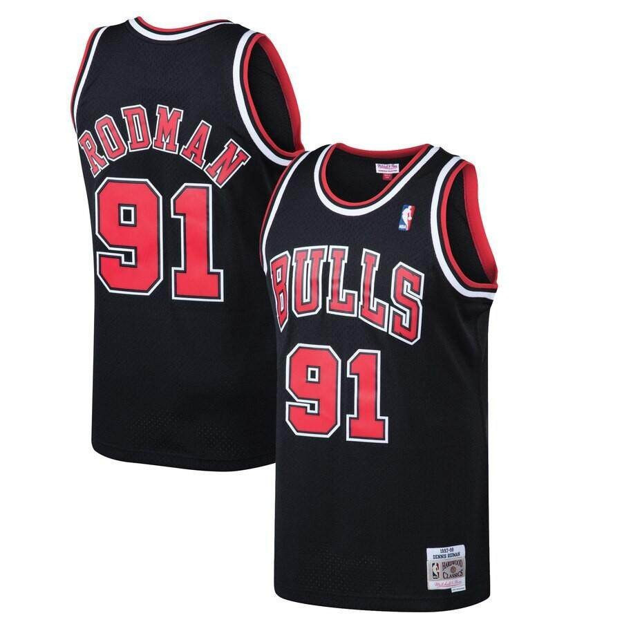 IDAWN7 Original NBA Jersey 2 Mens Chicago Bulls 91 Dennis Rudman เสื้อบาสเก็ตบอลสีดําสีขาวสีแดง