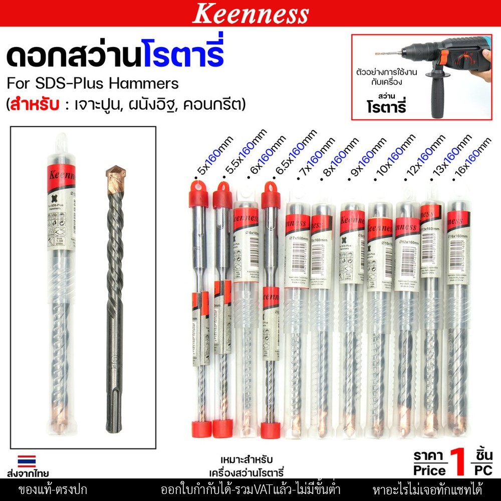 Keenness ดอกสว่านโรตารี่ ดอกโรตารี่ ดอกสว่าน ดอกสว่านเจาะปูน เจาะคอนกรีต ดอกเจาะผนังอิฐ ขนาด ยาว 160 มิล (1ดอก)