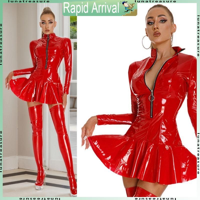 Lun Women Shines Leather Dress Wetlook Metallic Dress Glossy Pleated Latex Dress